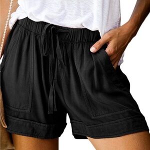 Women's Black Shorts Casual Elastic Waist Pockets 100% Cotton Cargo XXL
